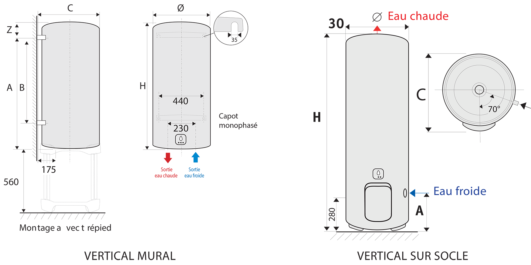 Dimensions du ballon électrique aquéo vertical mural et vertical sur socle